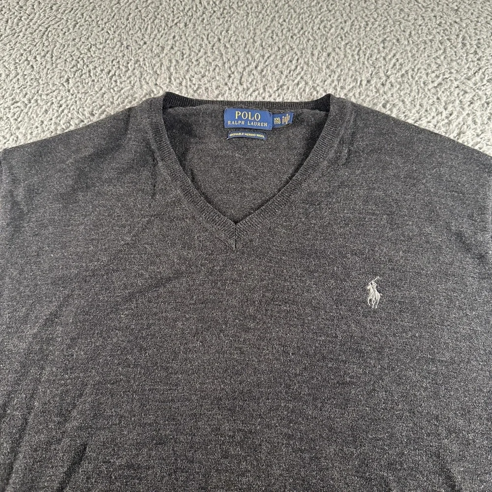 Polo Ralph Lauren Sweater Mens 2XL Gray Merino Wool V-Neck Knit Long Sleeve